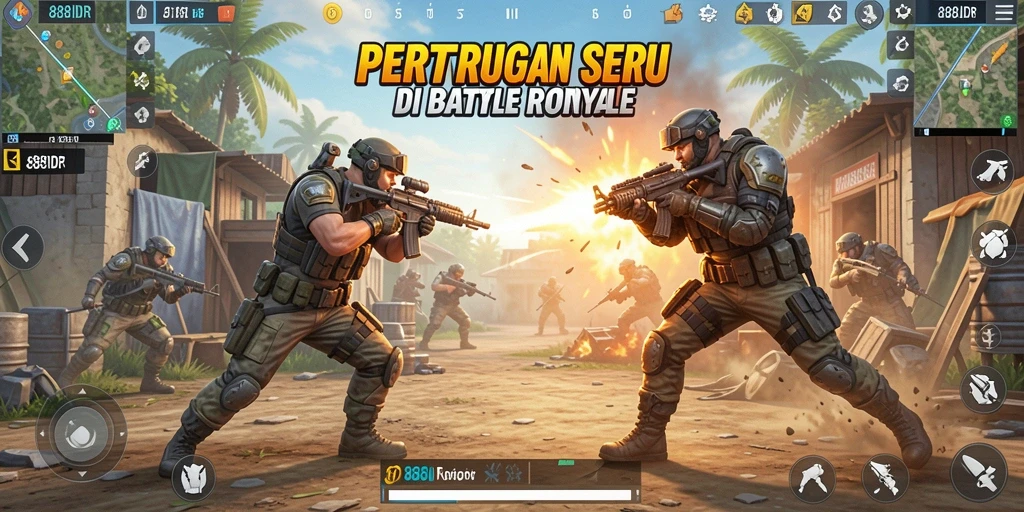 Screenshot gameplay 888IDR menampilkan aksi Battle Royale yang mendebarkan.
