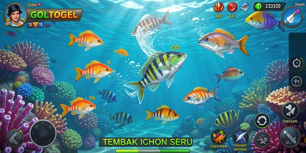 Screenshot utama GOLTOGEL menampilkan aksi menembak ikan.
