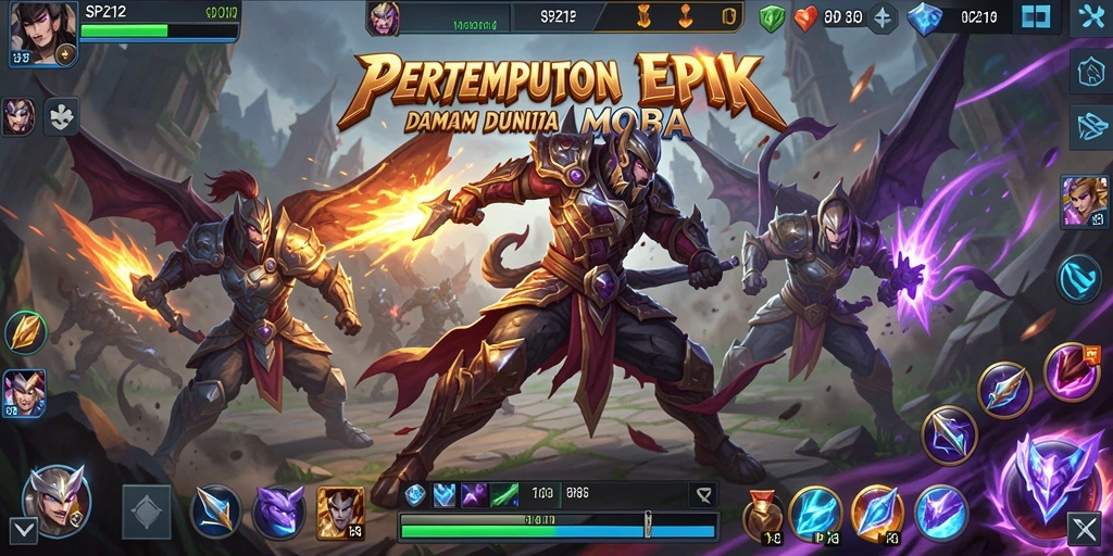 Screenshot utama SP212 menampilkan aksi pertempuran sengit antara karakter MOBA.