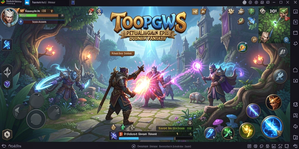 Tangkapan layar gameplay TOOPGWS menunjukkan pertarungan epik di dunia fantasi.